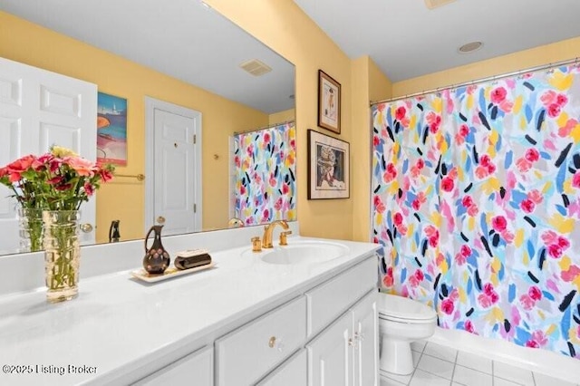 full bath with vanity, a shower with shower curtain, visible vents, tile patterned flooring, and toilet