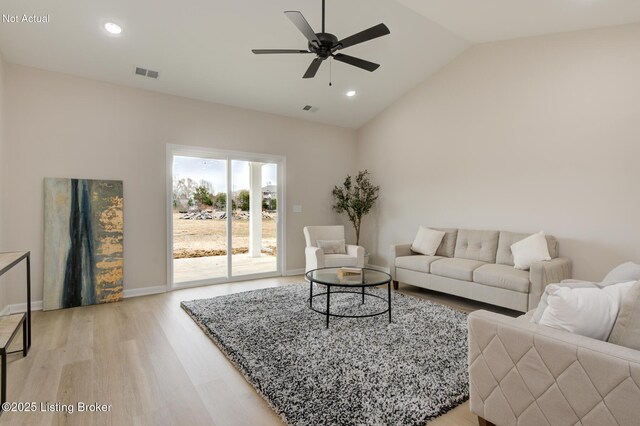 living room featuring ceiling fan, recessed lighting, visible vents, vaulted ceiling, and light wood finished floors