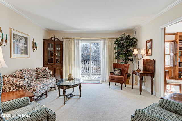 carpeted living room featuring crown molding