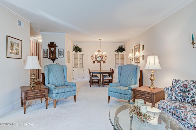 carpeted living room featuring ornamental molding and a notable chandelier