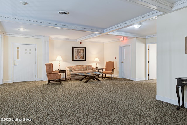 living room with dark carpet and beamed ceiling