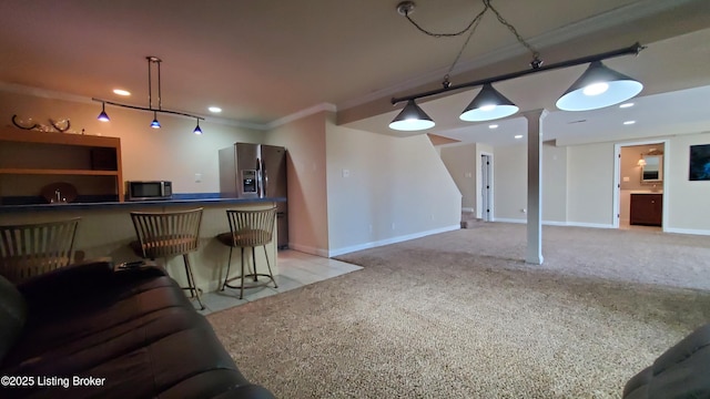 carpeted living room with crown molding