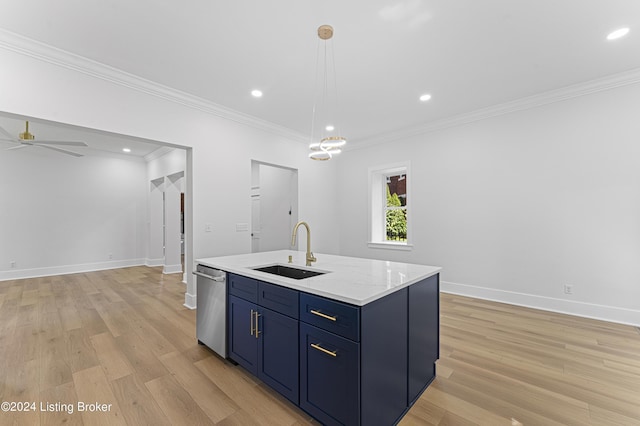 kitchen featuring sink, light stone counters, a center island with sink, stainless steel dishwasher, and pendant lighting