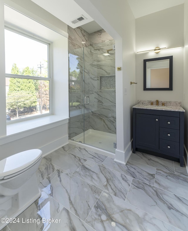 bathroom featuring vanity, toilet, and walk in shower