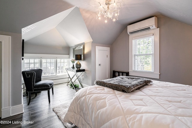 bedroom with a chandelier, wood-type flooring, a wall mounted AC, and vaulted ceiling