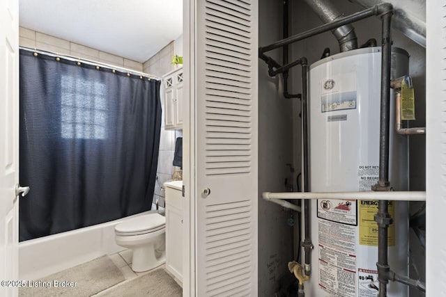 bathroom with shower / bathtub combination with curtain, tile patterned floors, toilet, and gas water heater