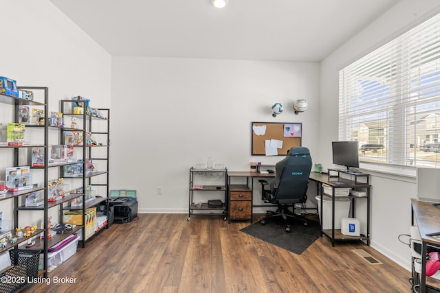 home office featuring dark hardwood / wood-style flooring