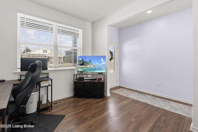 office area with dark wood-type flooring