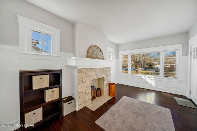 living room with dark wood-type flooring