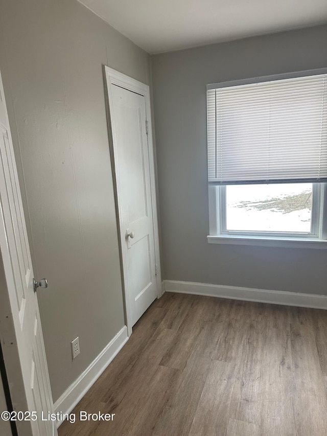 unfurnished bedroom featuring wood-type flooring and a closet