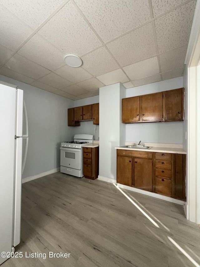 kitchen with sink, white appliances, a paneled ceiling, and light hardwood / wood-style floors