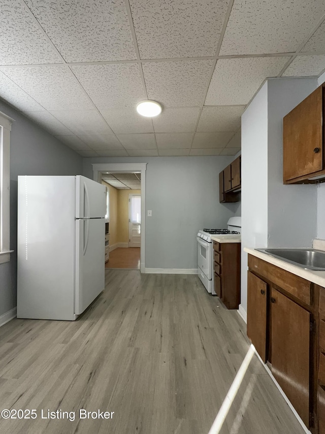 kitchen with sink, white appliances, a paneled ceiling, and light hardwood / wood-style floors