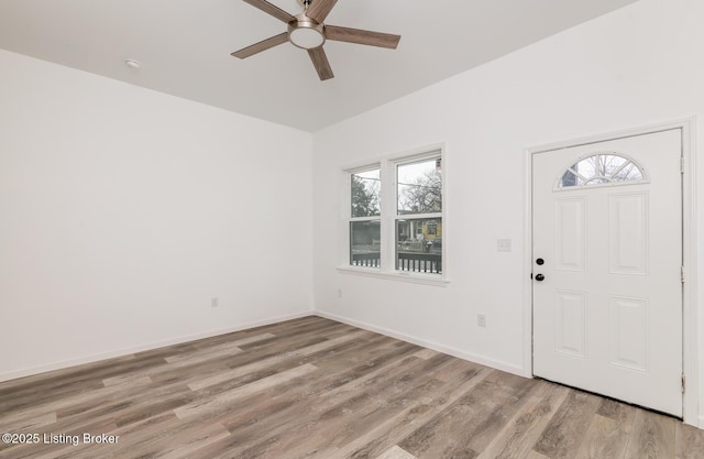 entrance foyer with light hardwood / wood-style flooring and ceiling fan