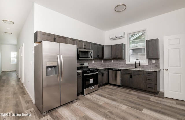 kitchen with appliances with stainless steel finishes, a wall mounted AC, sink, and decorative backsplash