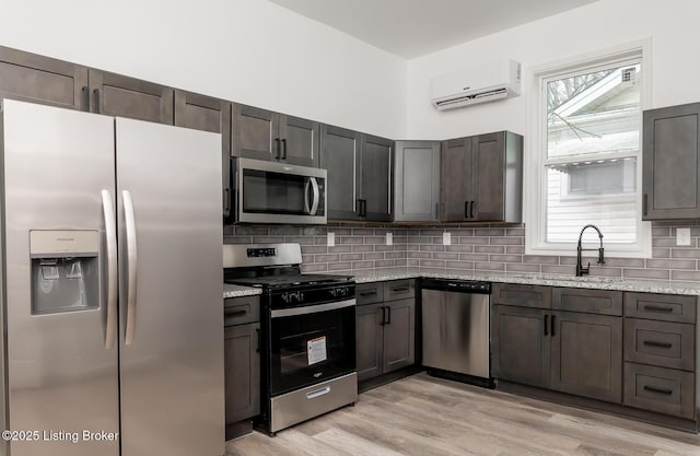 kitchen featuring sink, stainless steel appliances, a wall mounted air conditioner, light stone countertops, and decorative backsplash