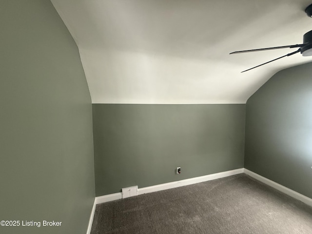 bonus room with lofted ceiling, carpet flooring, and ceiling fan