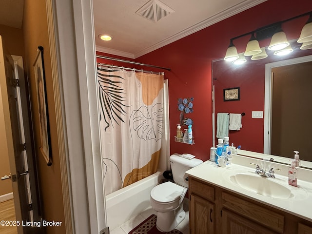 full bathroom with vanity, ornamental molding, toilet, and shower / tub combo with curtain