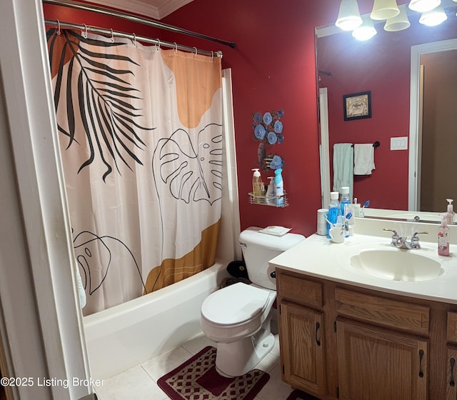 full bathroom featuring shower / tub combo, vanity, tile patterned floors, and toilet