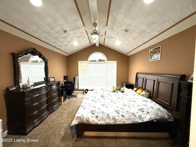 bedroom featuring lofted ceiling, carpet, and ceiling fan