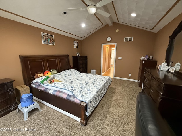 bedroom with ceiling fan, carpet floors, and lofted ceiling with beams