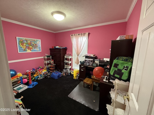 interior space featuring crown molding and a textured ceiling