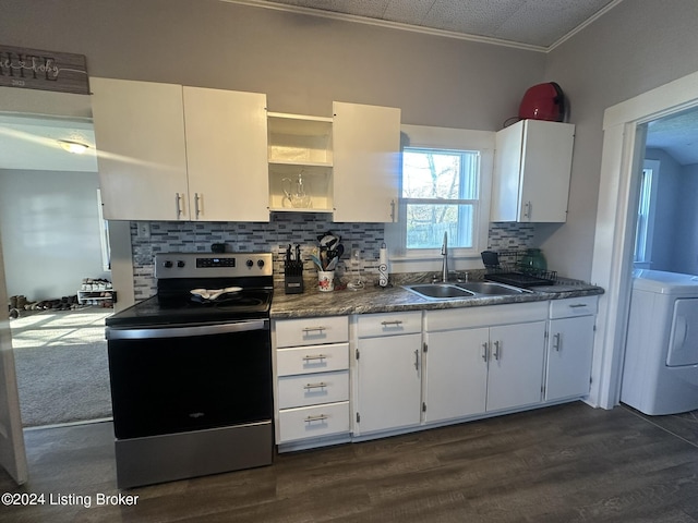 kitchen with white cabinetry, washer / dryer, sink, and stainless steel range with electric cooktop