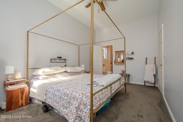 carpeted bedroom with ceiling fan and high vaulted ceiling