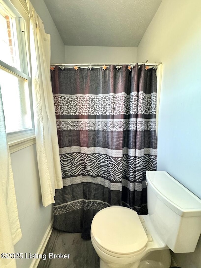 bathroom with plenty of natural light, toilet, and a shower with shower curtain