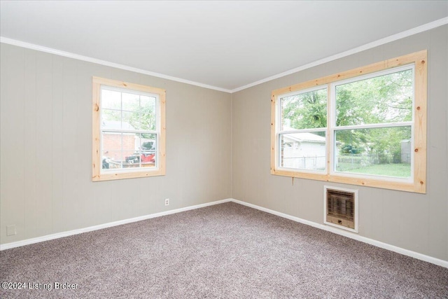 empty room with a wealth of natural light, carpet, heating unit, and crown molding