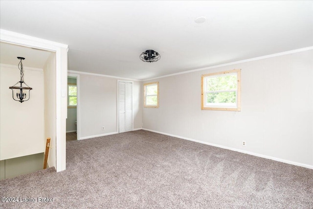 unfurnished room with carpet floors and ornamental molding