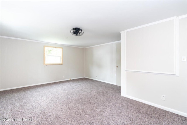 empty room featuring crown molding and carpet flooring