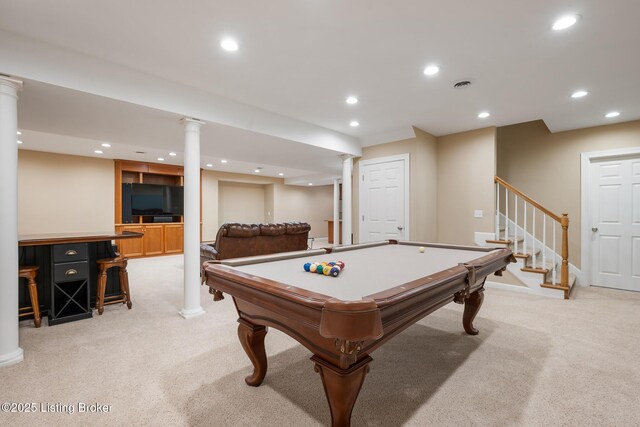 recreation room with ornate columns, recessed lighting, visible vents, and light colored carpet