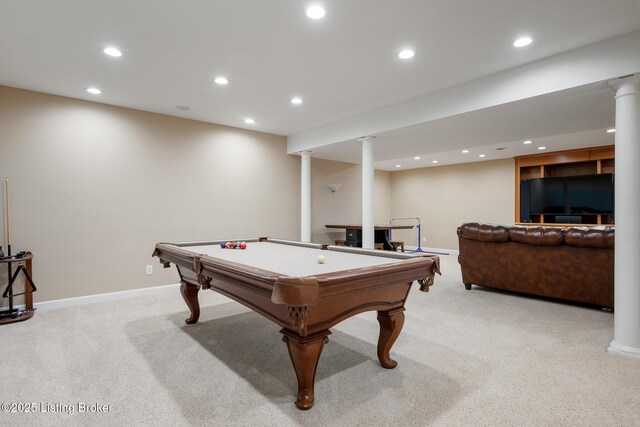 game room featuring baseboards, recessed lighting, decorative columns, and light colored carpet