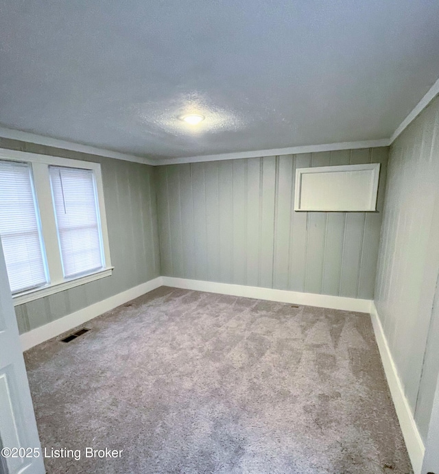 carpeted spare room featuring crown molding and a textured ceiling