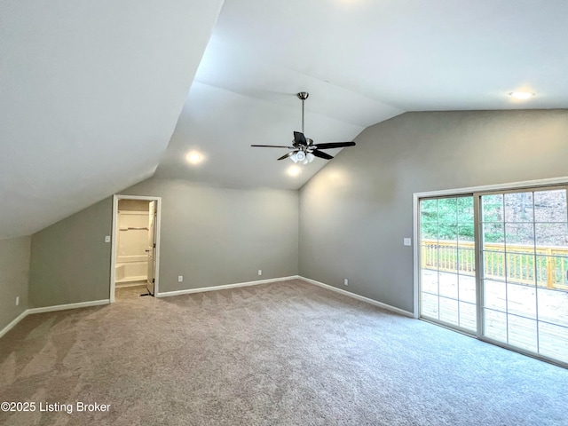 additional living space with vaulted ceiling, ceiling fan, and carpet flooring