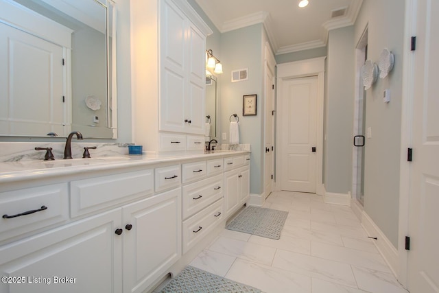 bathroom featuring crown molding, an enclosed shower, and vanity