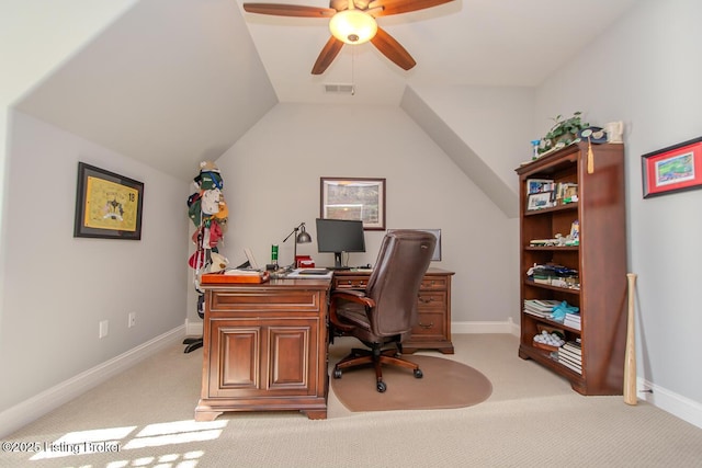 office space with lofted ceiling, light colored carpet, and ceiling fan