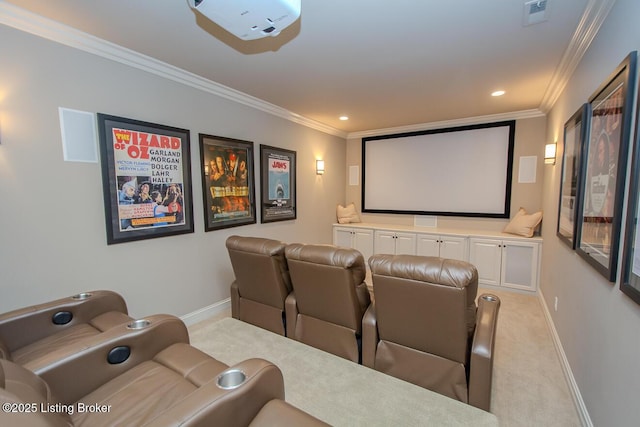 home theater with crown molding and light colored carpet