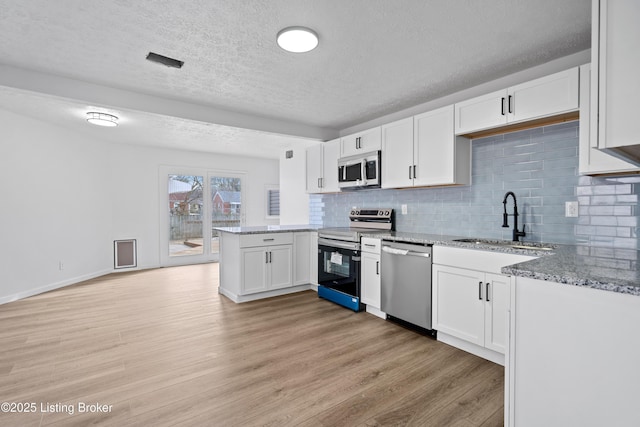 kitchen featuring stainless steel appliances, white cabinets, light wood-type flooring, and kitchen peninsula