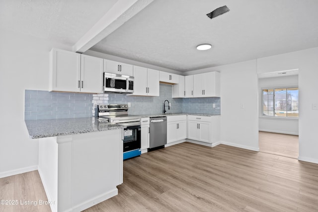 kitchen featuring white cabinetry, stainless steel appliances, backsplash, and light wood-type flooring