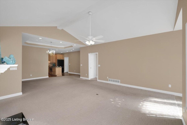 unfurnished living room featuring recessed lighting, a raised ceiling, visible vents, and baseboards