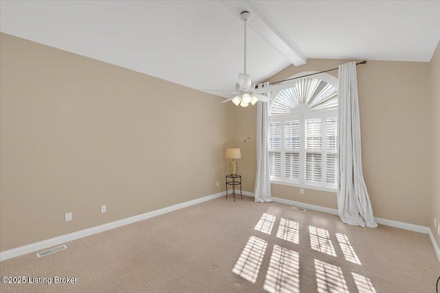 unfurnished room with light carpet, baseboards, visible vents, ceiling fan, and vaulted ceiling with beams