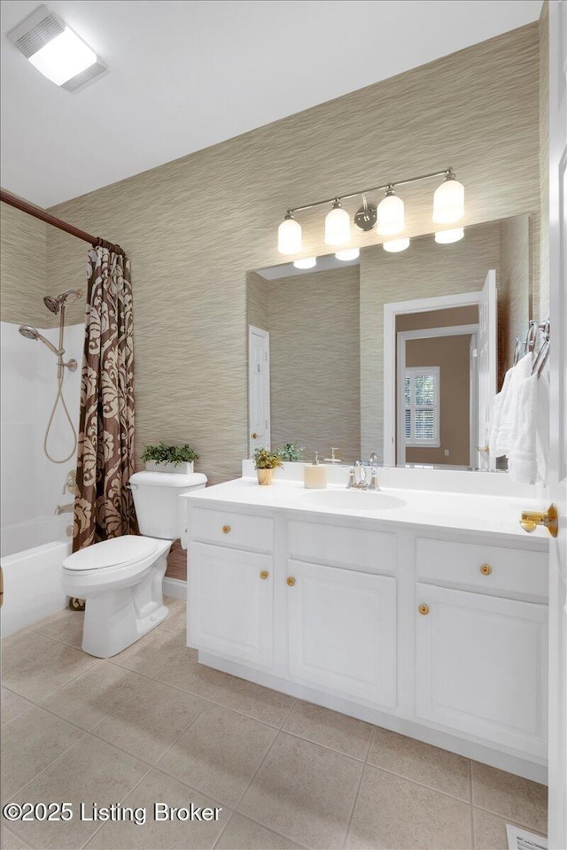 full bathroom with wallpapered walls, toilet, tile patterned flooring, shower / bath combination with curtain, and vanity