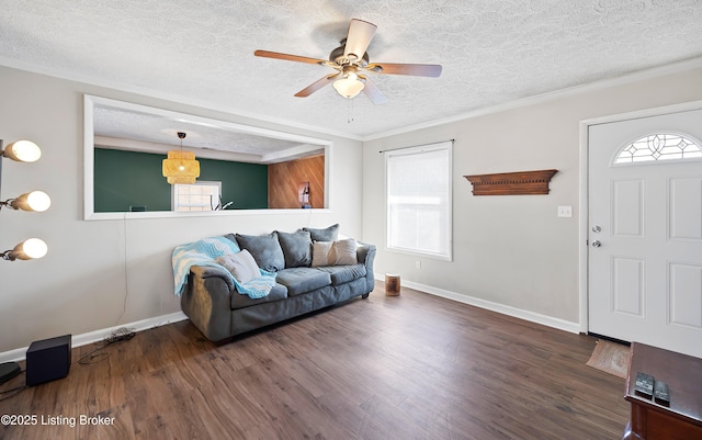 living room with ornamental molding, dark hardwood / wood-style flooring, a textured ceiling, and plenty of natural light