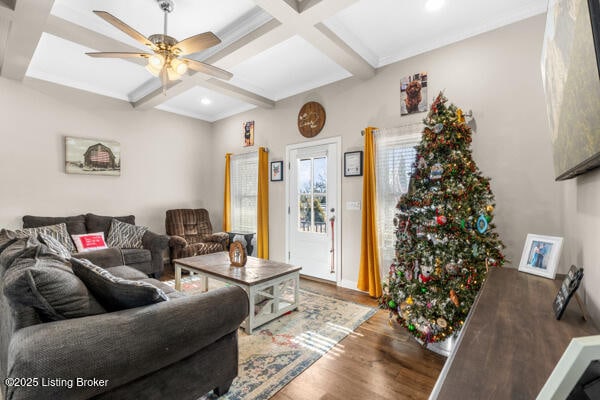 living room with beamed ceiling, ceiling fan, coffered ceiling, and dark hardwood / wood-style flooring