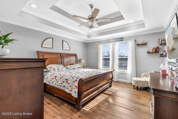 bedroom featuring crown molding, ceiling fan, and a raised ceiling