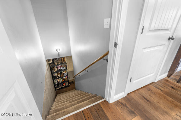 staircase with hardwood / wood-style flooring