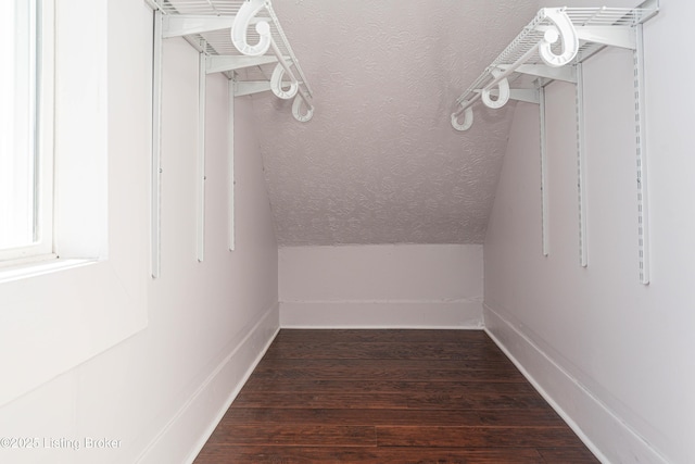 spacious closet with vaulted ceiling and dark hardwood / wood-style flooring