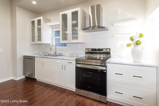 kitchen with appliances with stainless steel finishes, ventilation hood, white cabinetry, sink, and light stone countertops