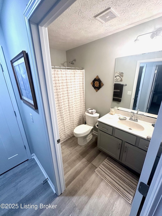 bathroom featuring vanity, a textured ceiling, wood-type flooring, and toilet